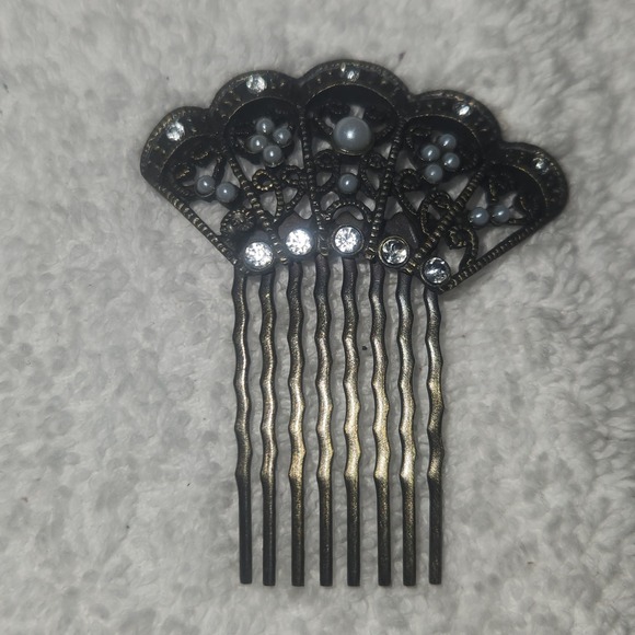 Vintage Style Filigree Hair Comb Antique Bronze Faux Pearl Rhinestone Art Deco - Picture 9 of 13